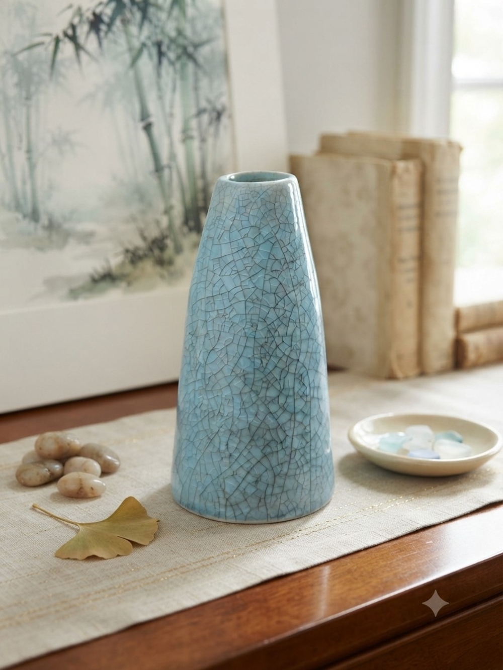 Vintage Light Blue Crackle Glaze Ceramic Vase | Cone Shape Mantel Accent